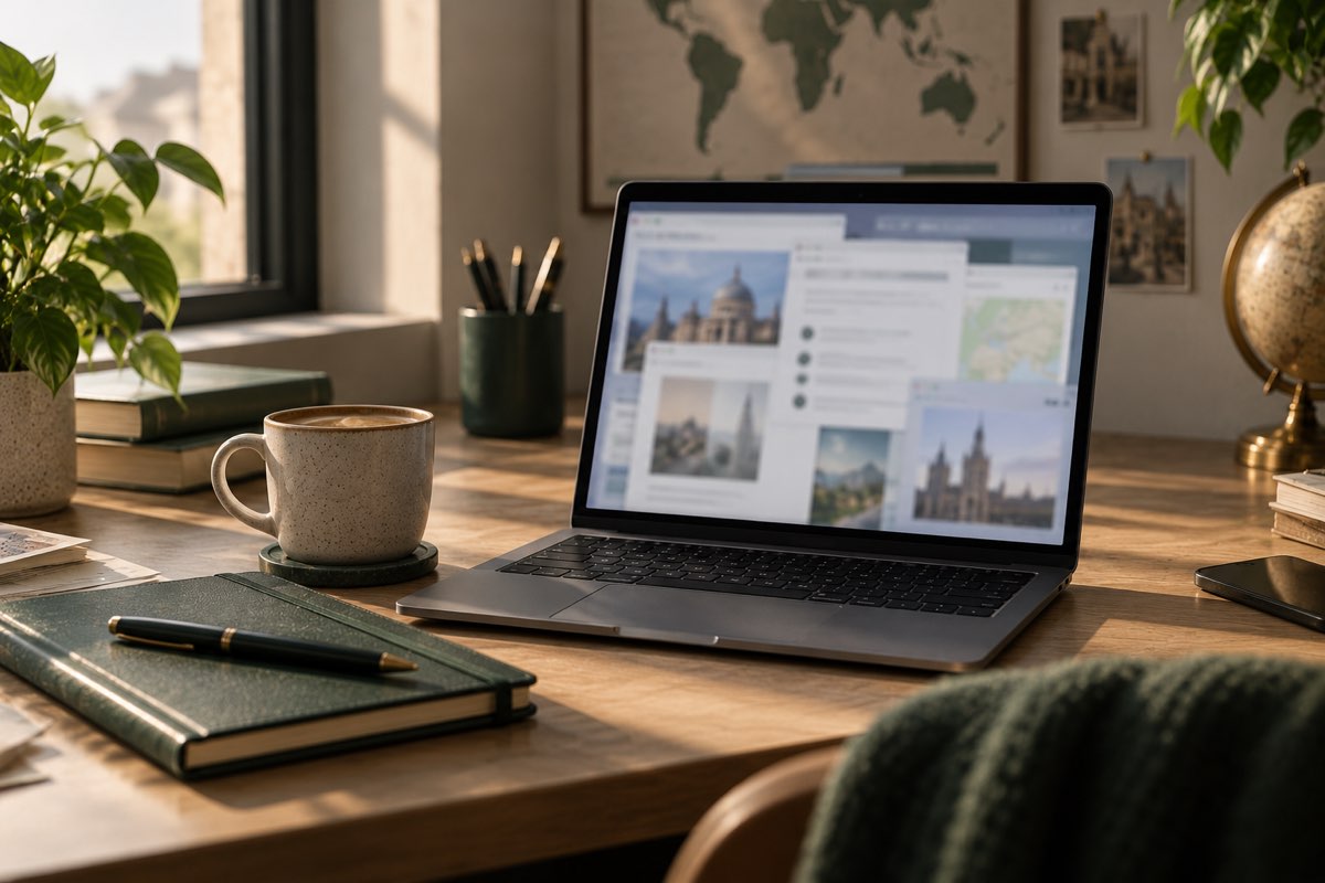 An open laptop on a desk beside a notebook and coffee, in a calm study space with a world map on the wall