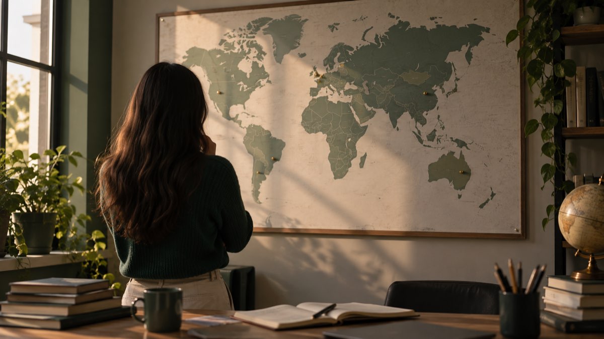 A student viewed from behind looking at a large wall-mounted world map with a few pins marking destinations