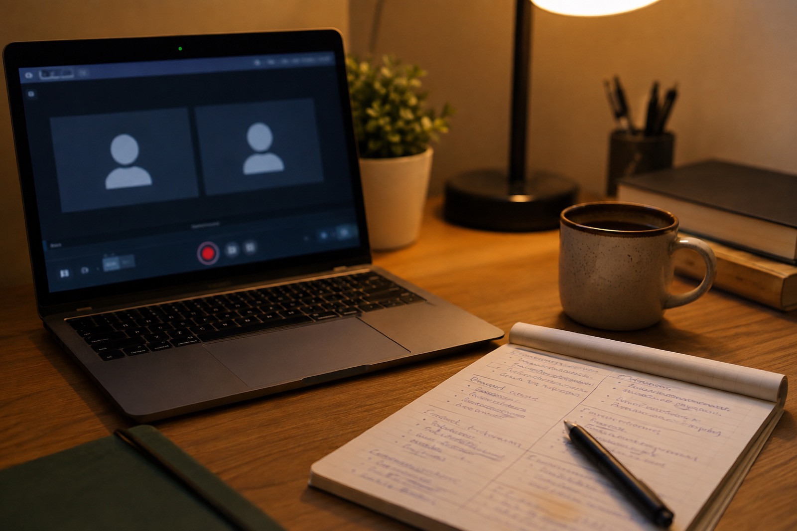 A laptop open to a video interview screen beside handwritten interview notes and a cup of coffee