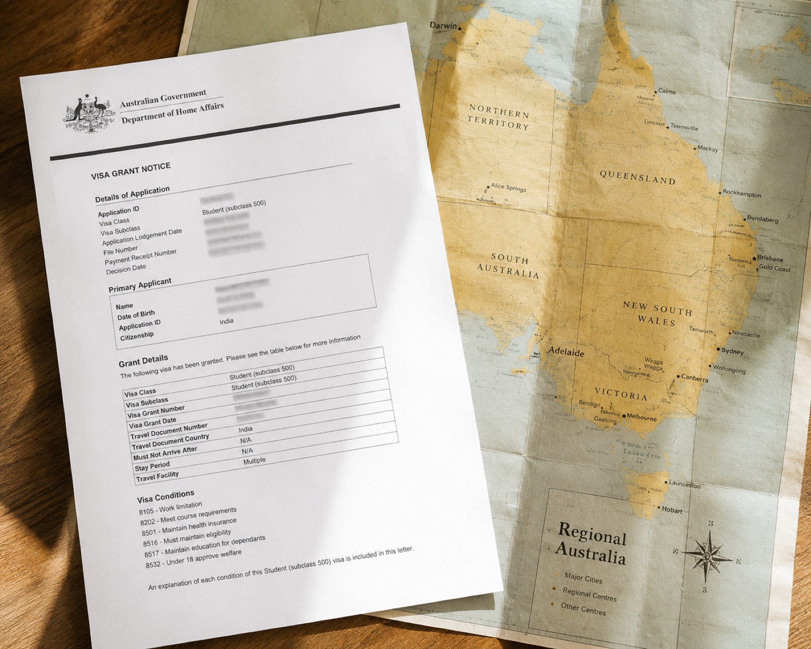 Australian visa grant notice document on a desk beside a regional map
