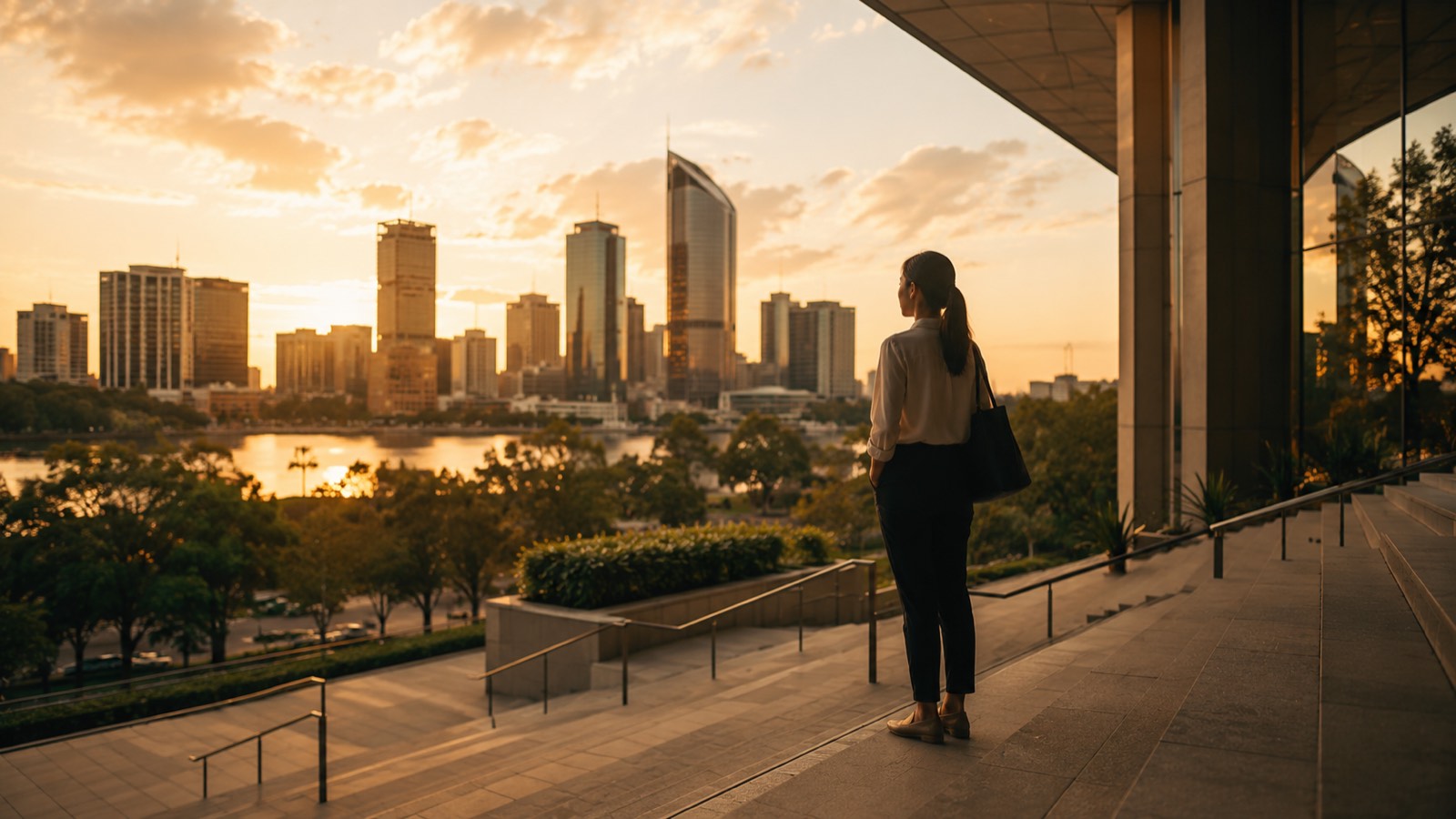 A graduate standing outside a modern office building in Australia, representing post-study work opportunities under the Subclass 485 visa