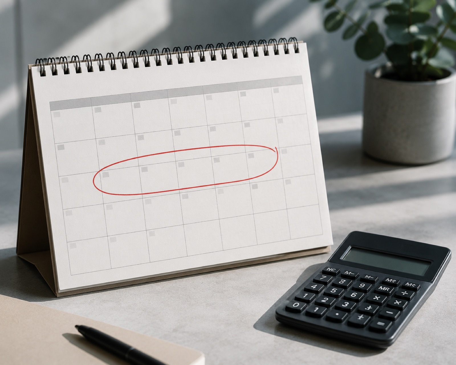 A calendar and calculator on a desk representing fortnightly work-hour budgeting