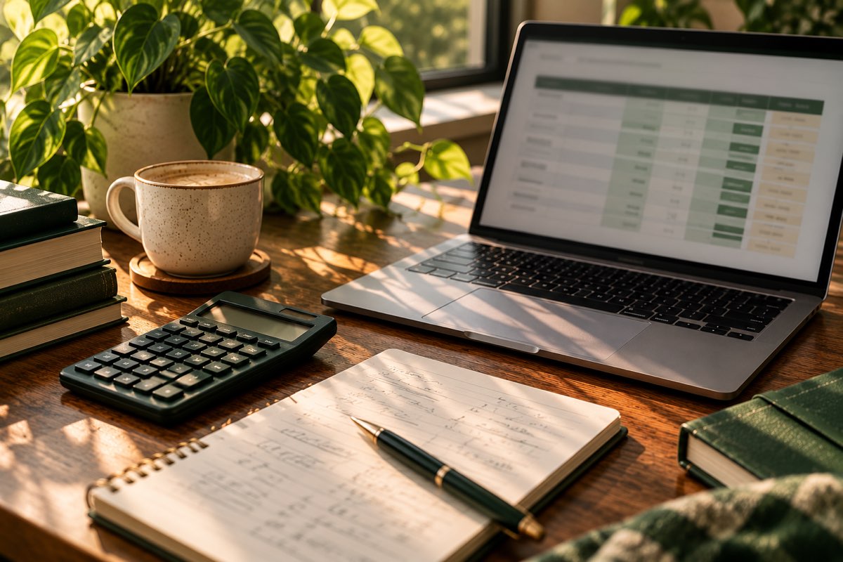 A laptop showing a tuition comparison table beside a calculator and notepad