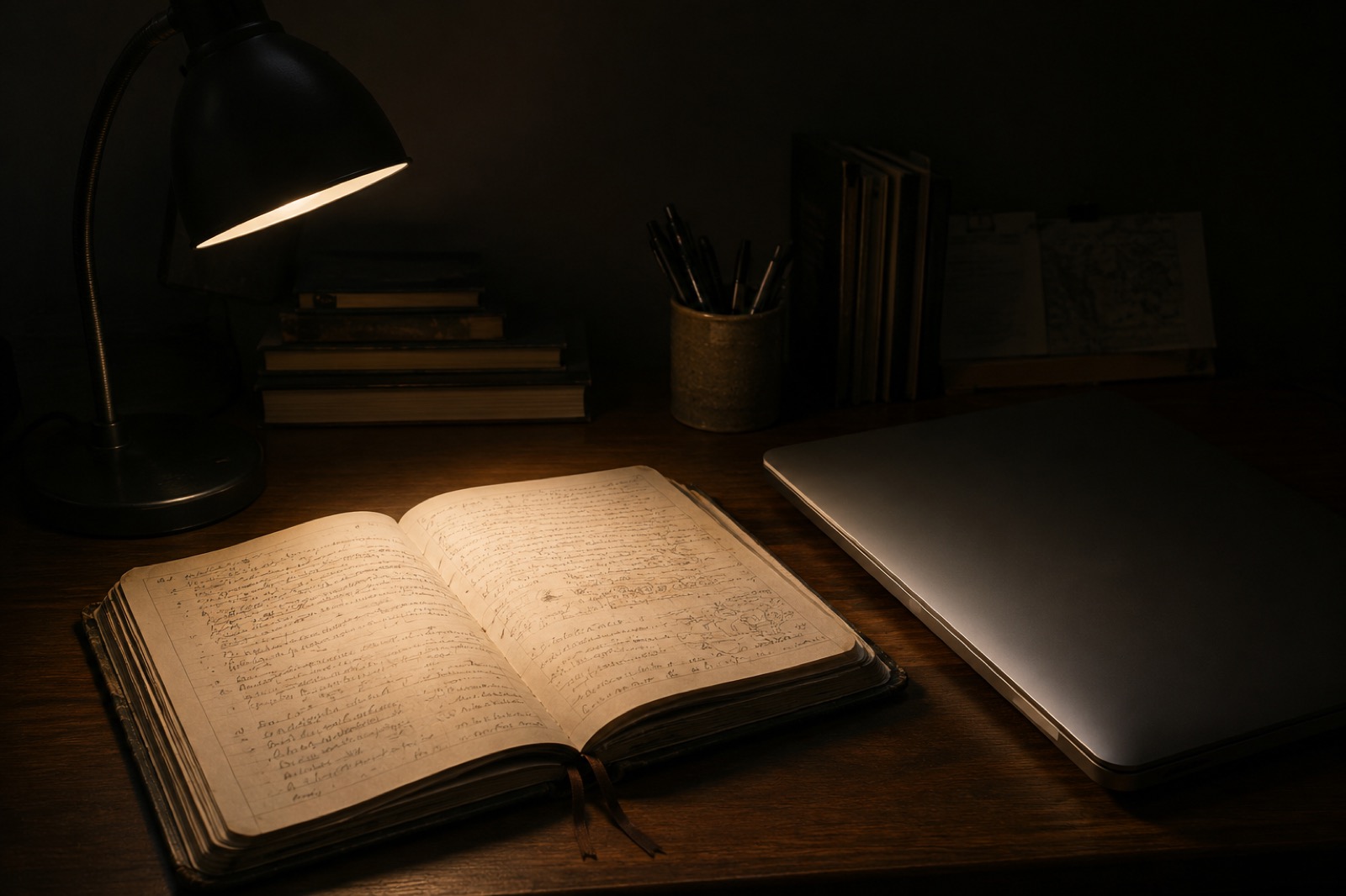 A single research notebook and a laptop, representing focused depth over a checklist of activities