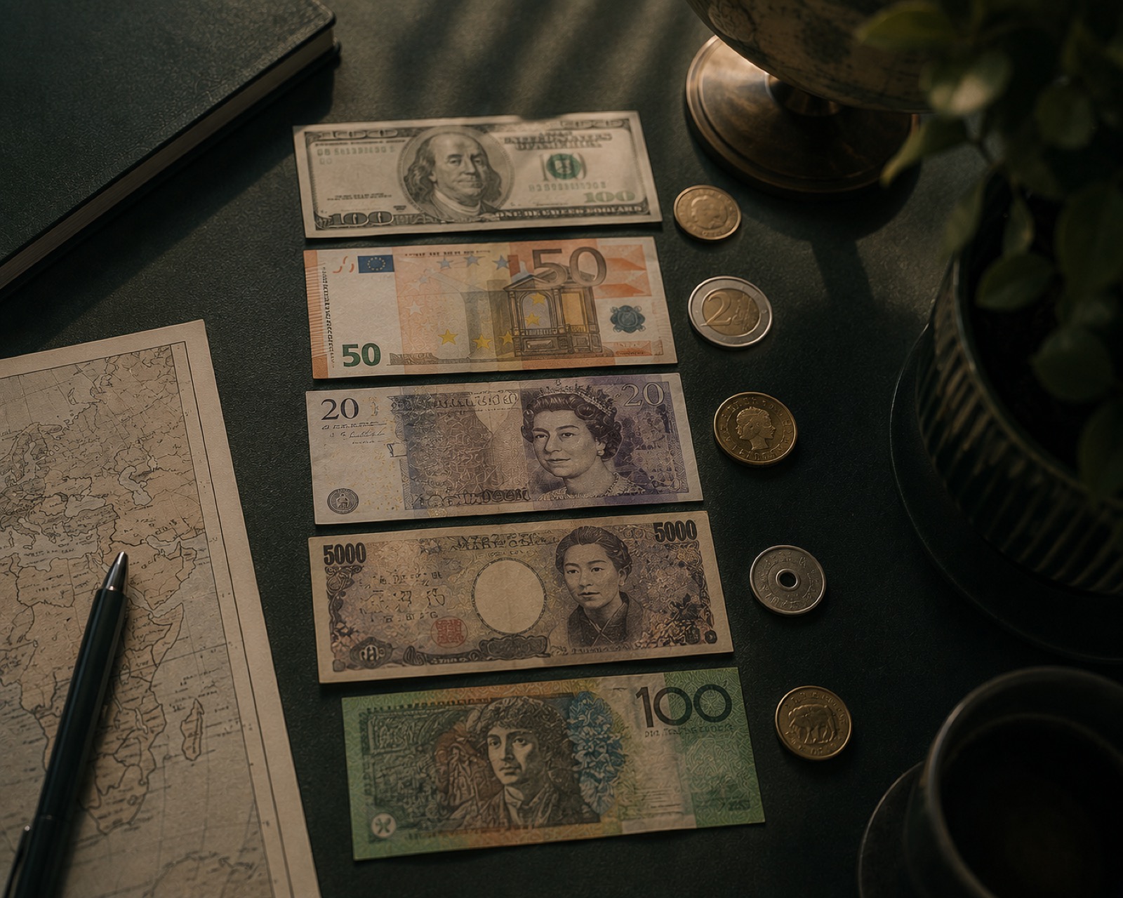 Currency from five different countries, representing the real cost comparison of studying a master's abroad