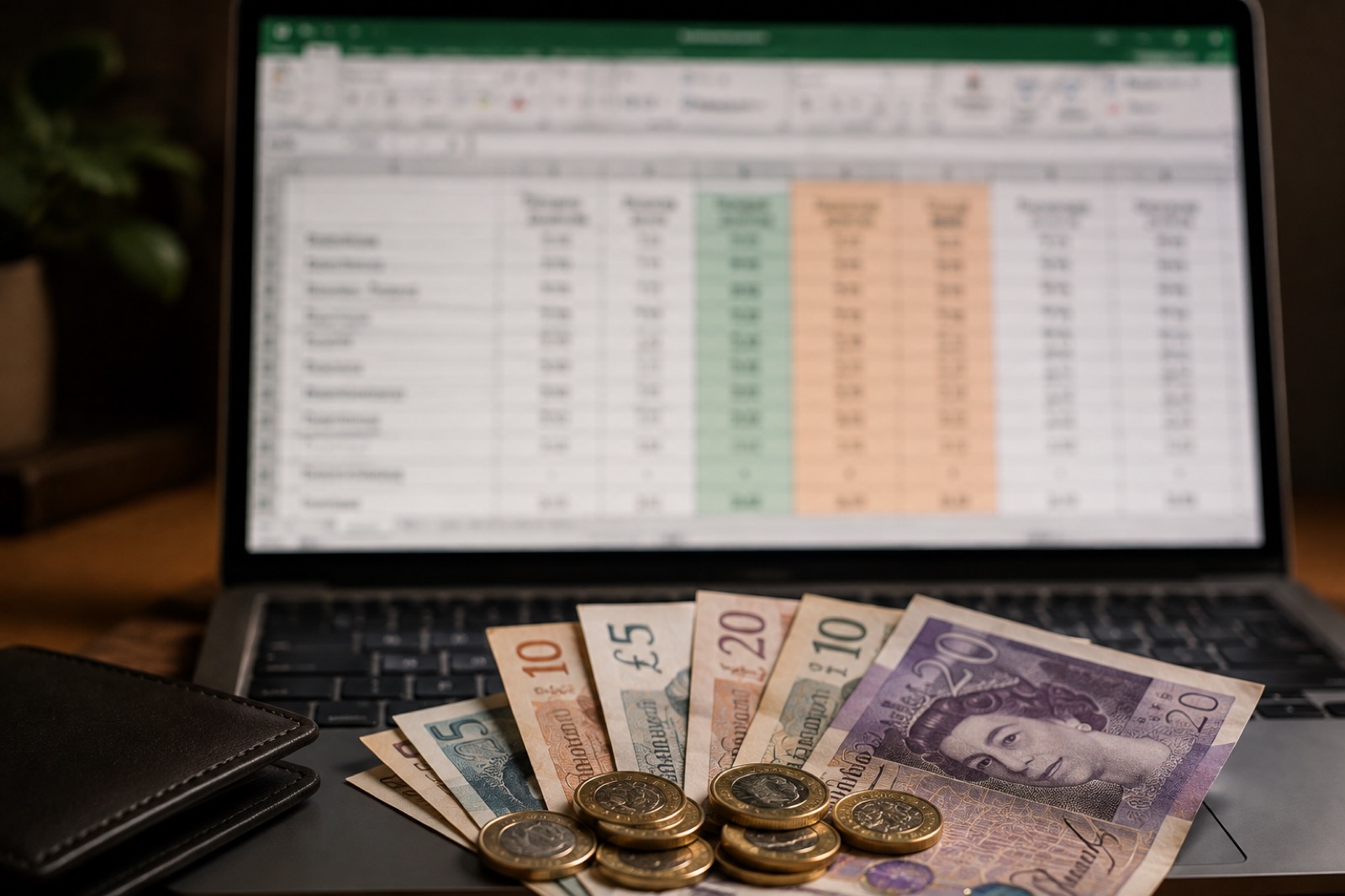 A monthly budget spreadsheet open on a laptop beside foreign currency notes