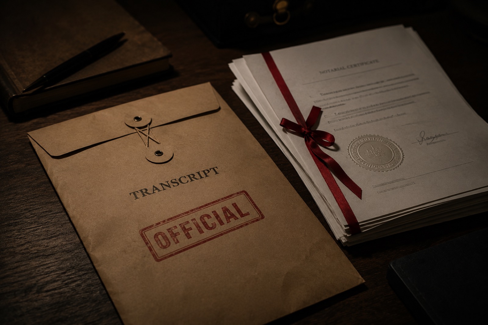 A sealed transcript envelope and notarized document stack on a desk