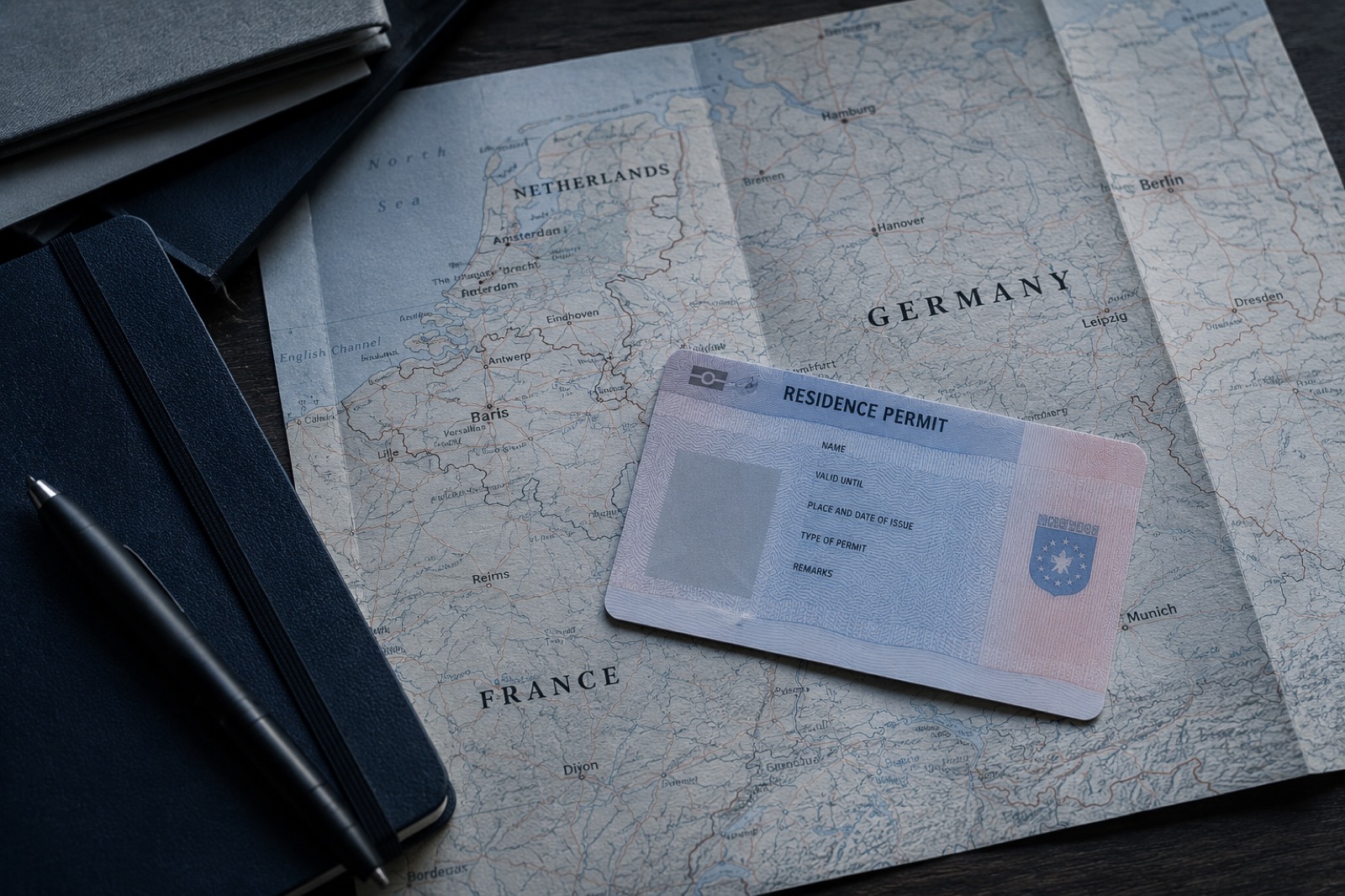 A European residence permit card on a map of Germany, France, and the Netherlands