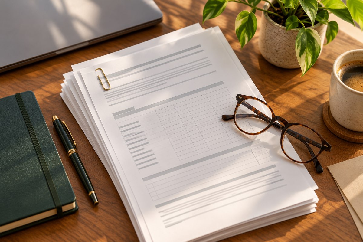 A stack of unmarked bank statement pages with a paperclip, reading glasses and a small plant on a desk