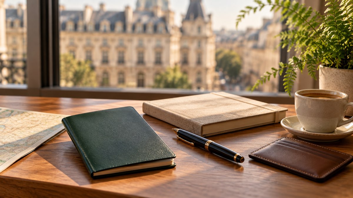 A passport, a notebook and a pen on a wooden desk beside a window with soft natural light, in muted green and cream tones