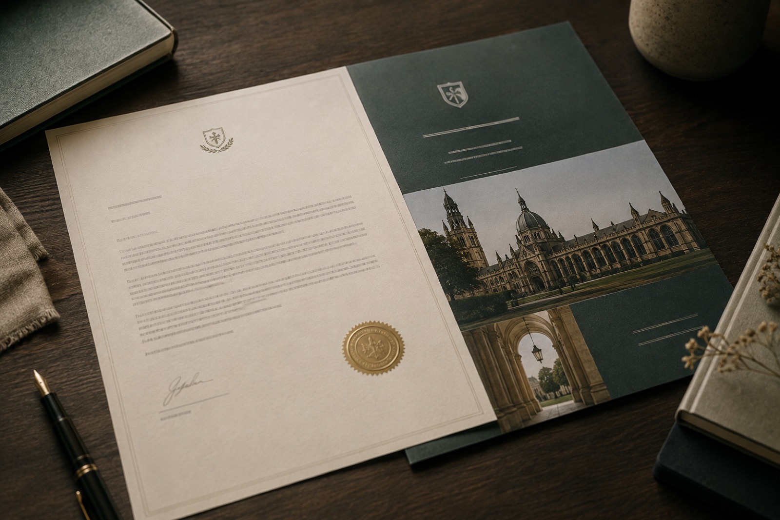 A scholarship award letter beside a European university campus brochure
