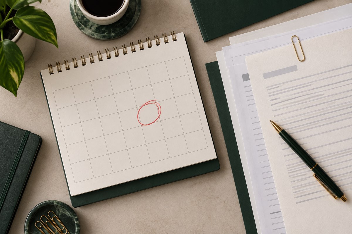 A desk calendar with one date circled in red pen beside a stack of official documents