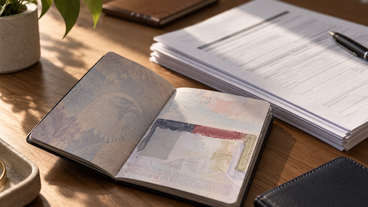 A US passport open to its visa page beside a stack of official immigration paperwork on a desk