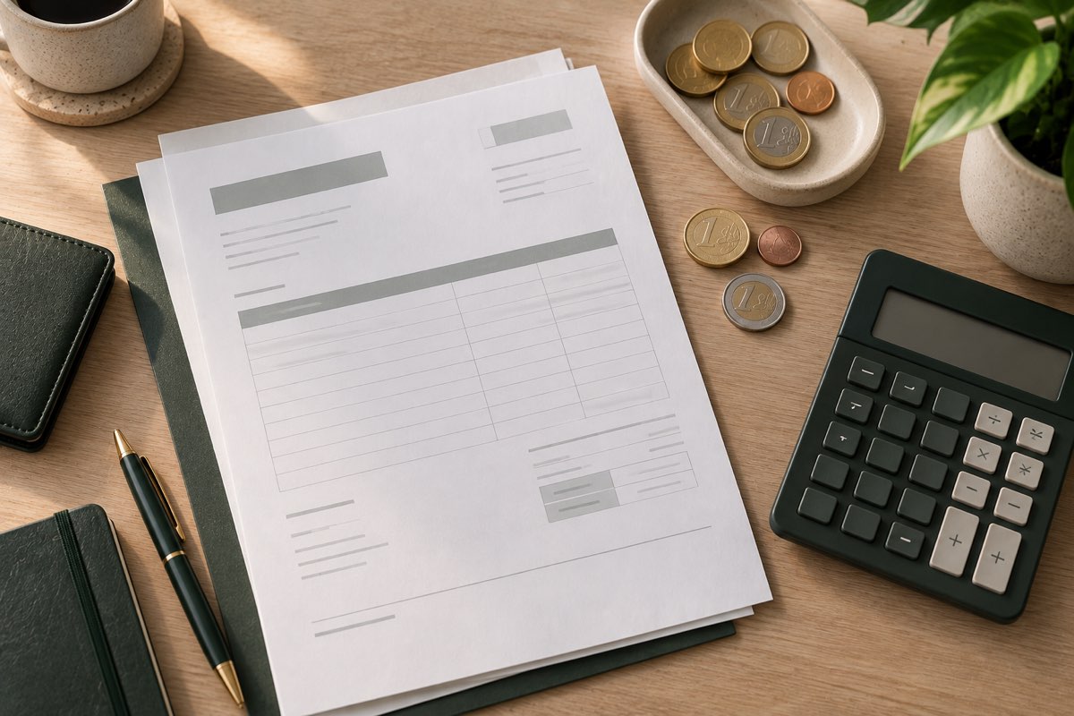 A blank invoice document with euro coins and a calculator on a desk