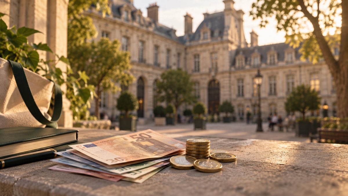 Euro banknotes and coins on a stone ledge in front of a classical Parisian university building