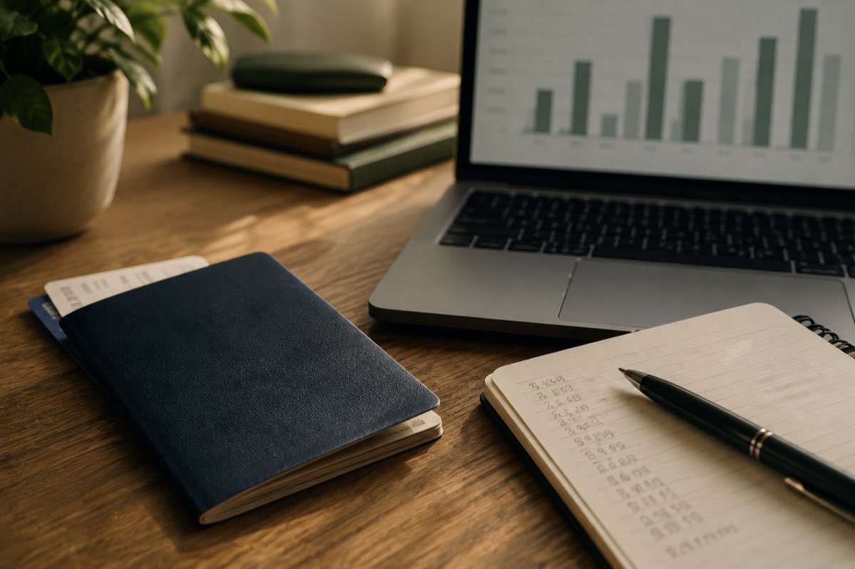 A passport and laptop showing a blurred bar chart on a desk, representing an Indian applicant researching real admissions numbers before applying to Harvard