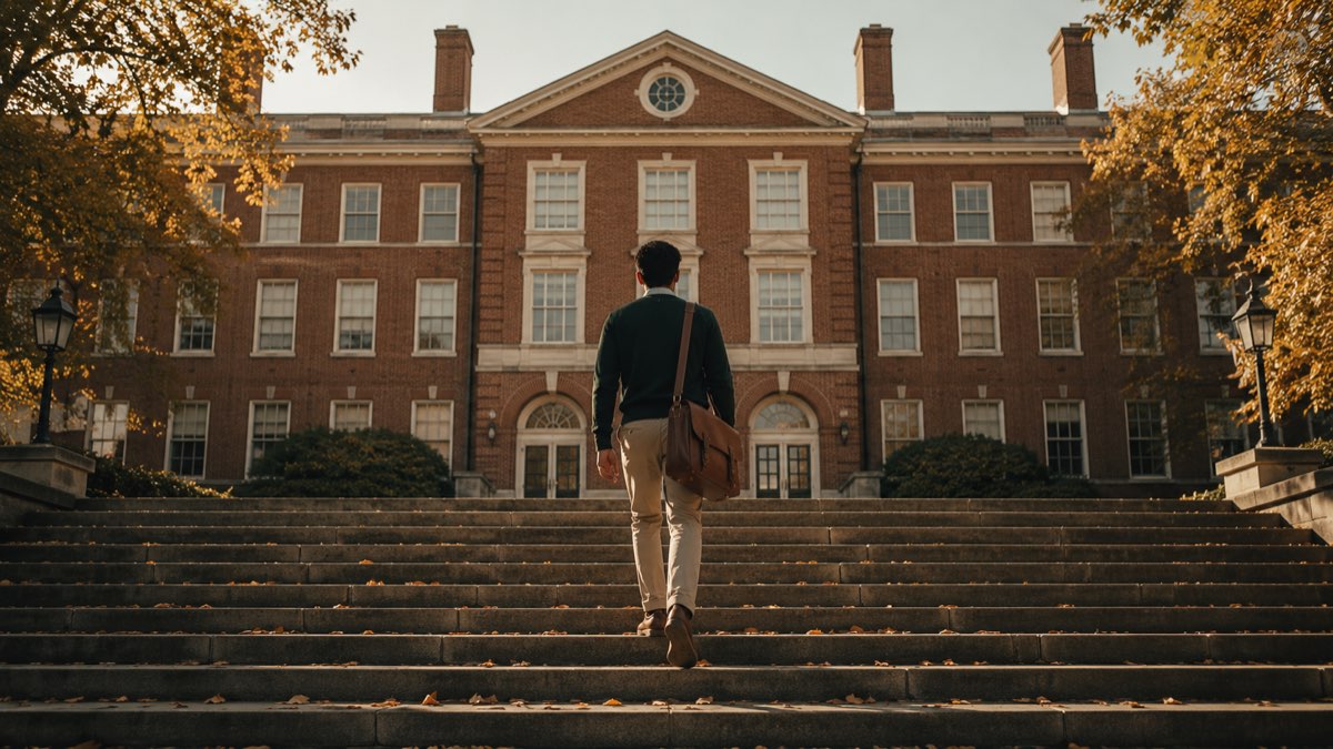 A professional walking up stone steps toward a red-brick Ivy-League-style campus building in autumn light, representing an elite US university Indian applicants target for postgraduate admissions
