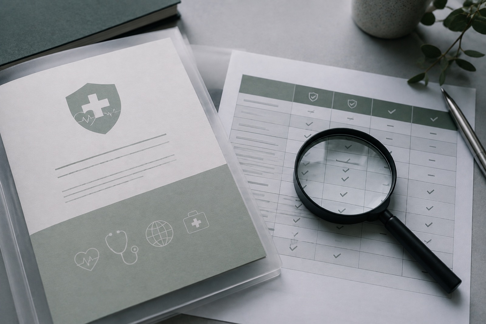 An overseas student health cover policy document beside a magnifying glass comparing insurer rates