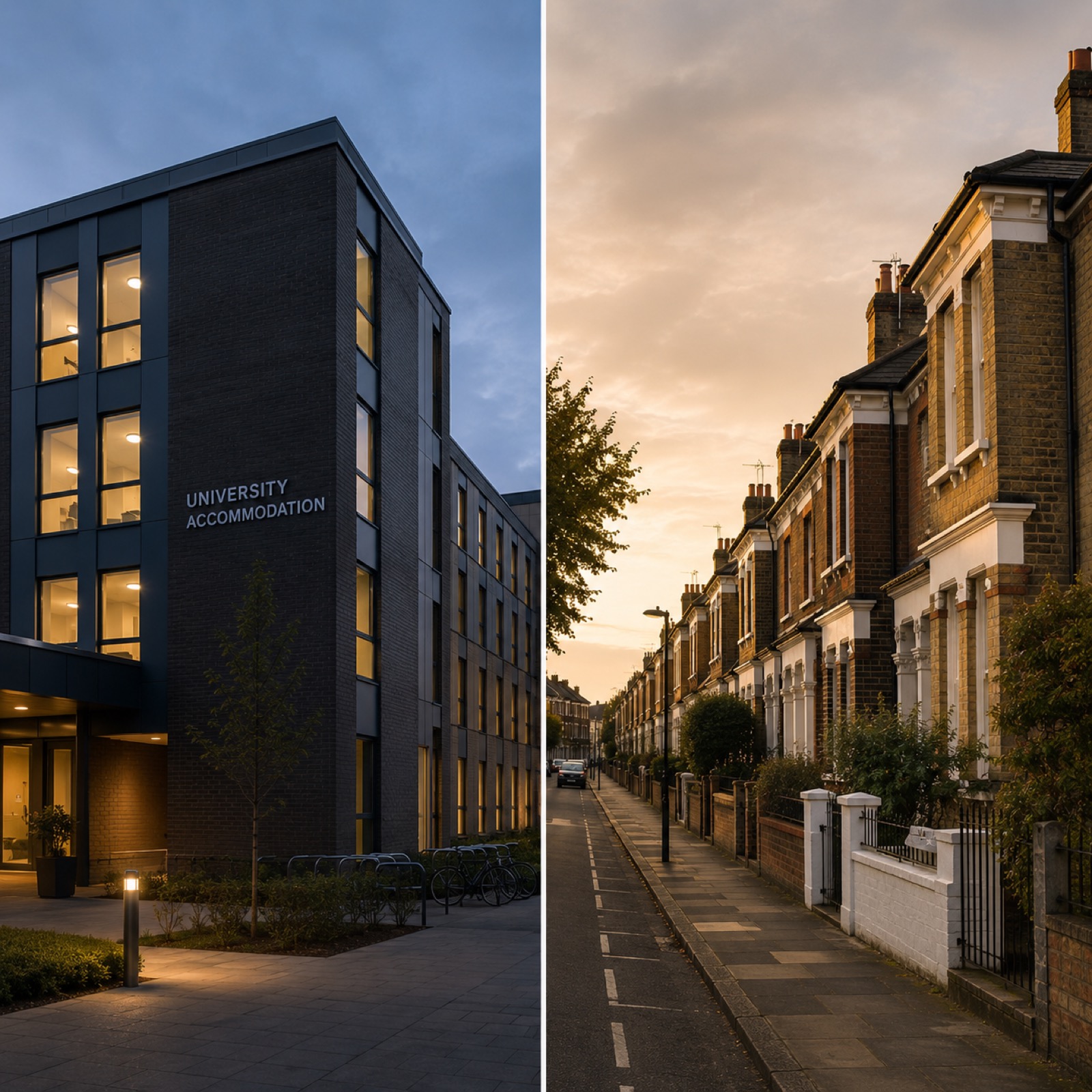 Student accommodation building representing on-campus versus off-campus housing choices