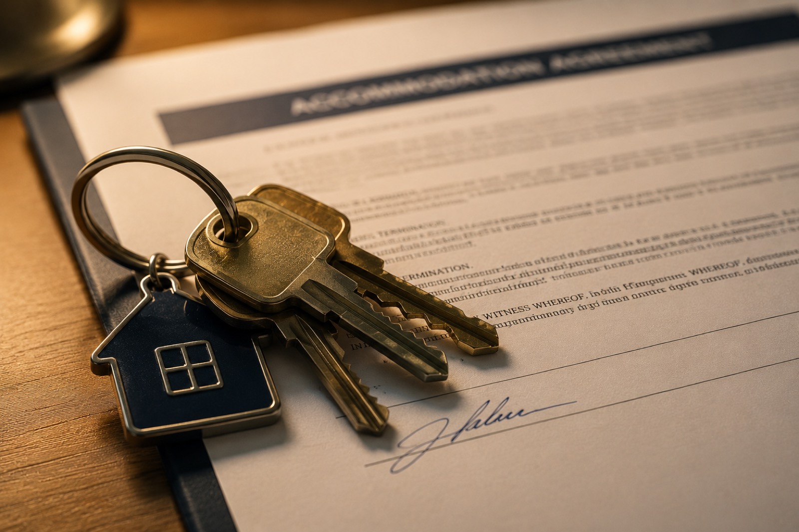 A university halls of residence contract and set of keys on a desk