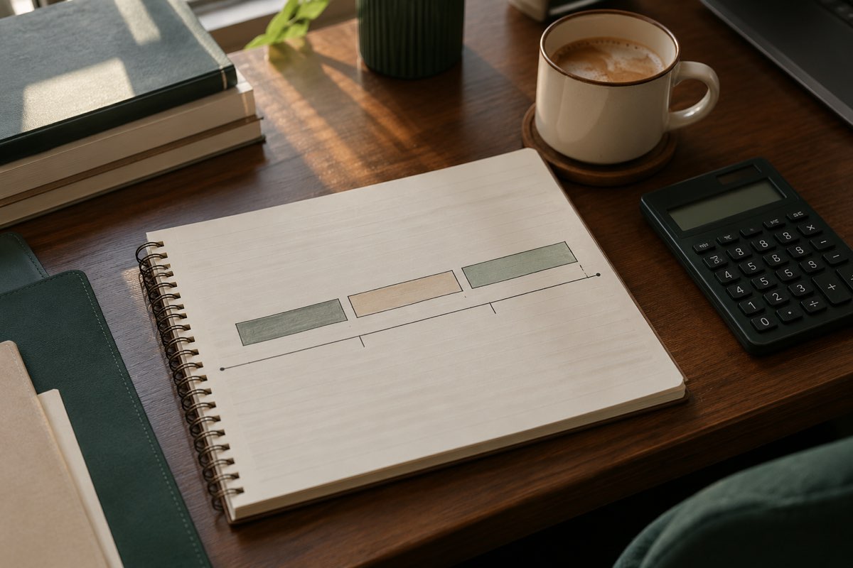 An open academic planner showing a one-year program timeline next to a calculator on a desk
