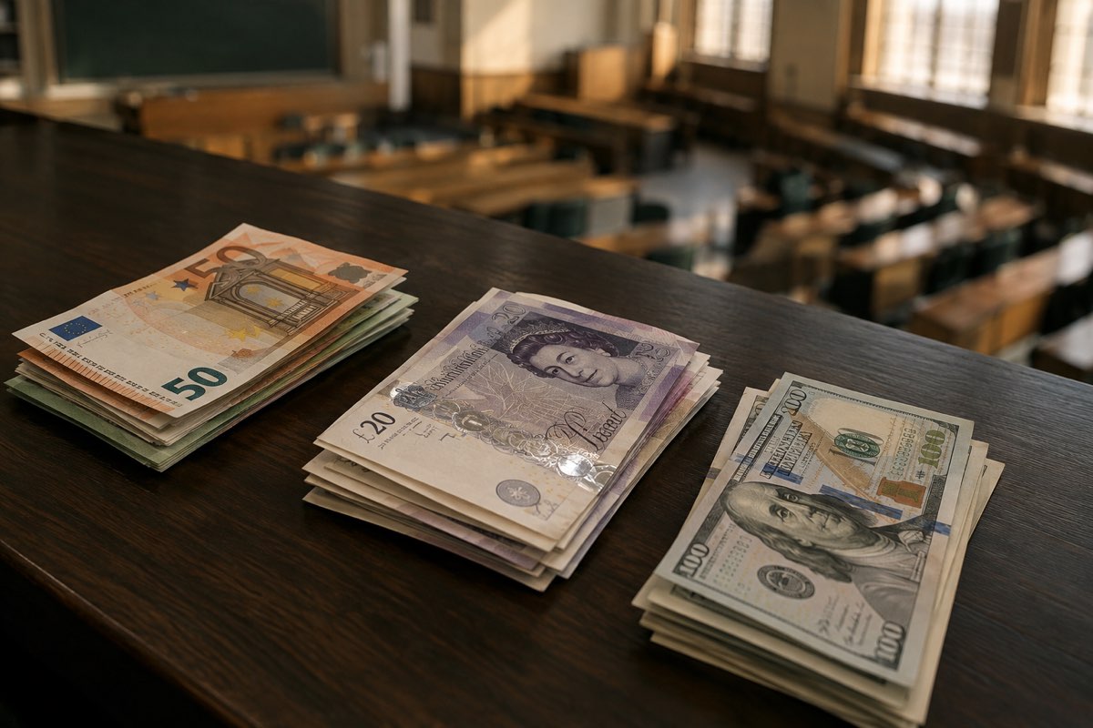 Three separate stacks of euro, pound, and dollar banknotes on a desk representing MBA tuition in three regions