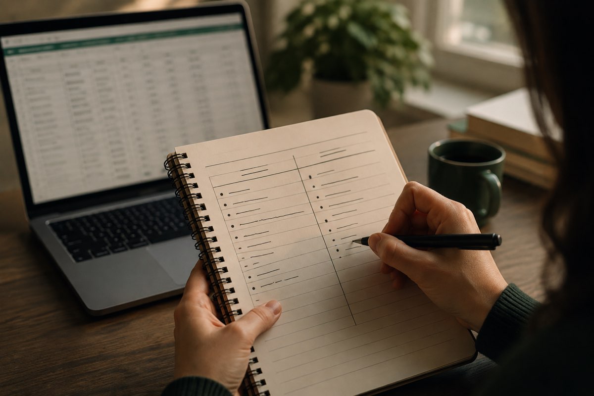 Close-up of an applicant comparing MBA program requirements in a notebook next to a laptop, representing the research phase of profile-building