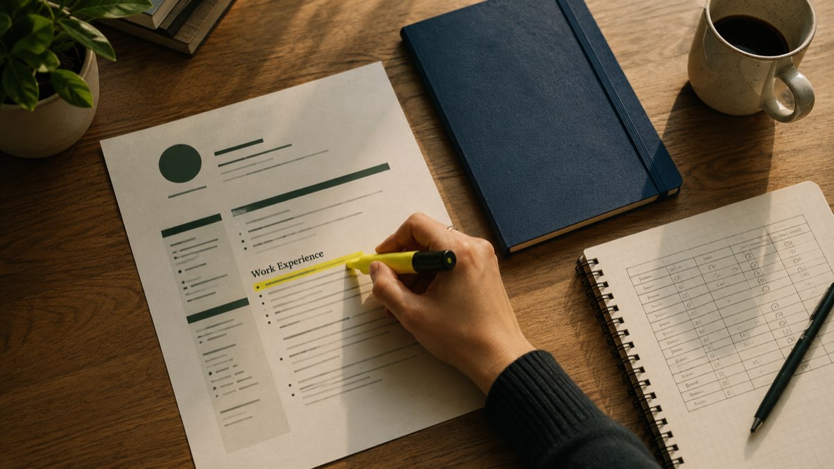 A resume with a Work Experience section highlighted in yellow, next to a notebook with a hand-sketched comparison table, representing MBA profile building