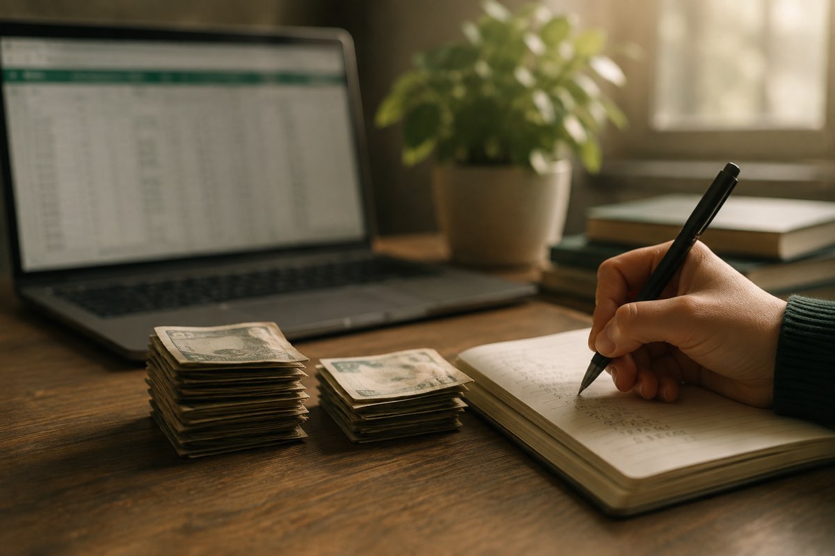 Two stacks of currency of different heights beside a notepad and laptop, representing the cost comparison between MBA and Master's programs