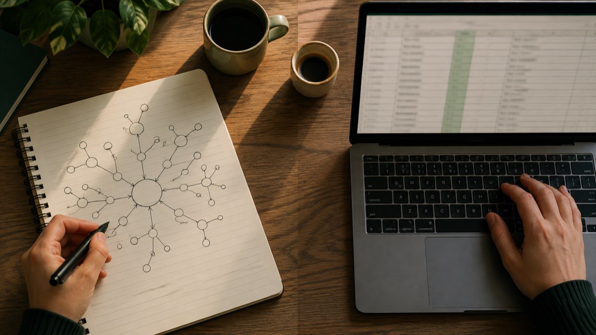 A desk split between a hand-drawn mind-map and a laptop spreadsheet, representing the decision between an MBA and a specialized Master's degree