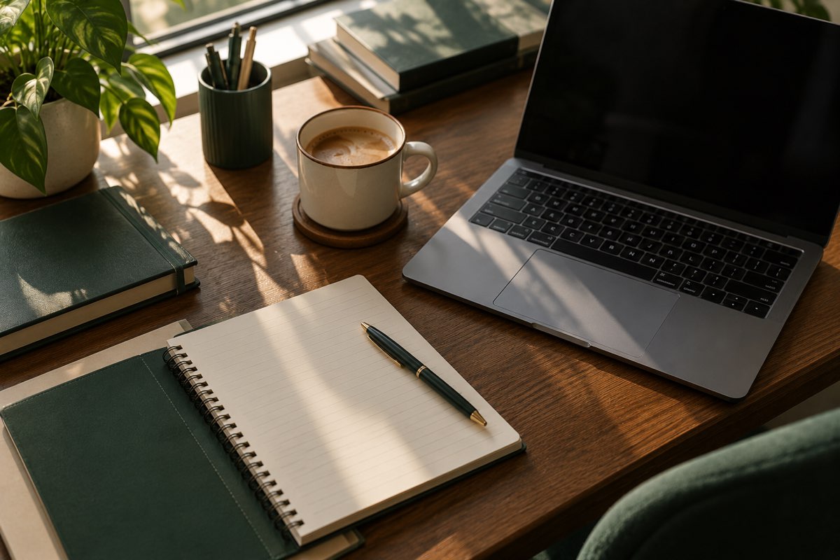 An early-career professional's desk setup with a laptop and notepad, suggesting a recent graduate's job search
