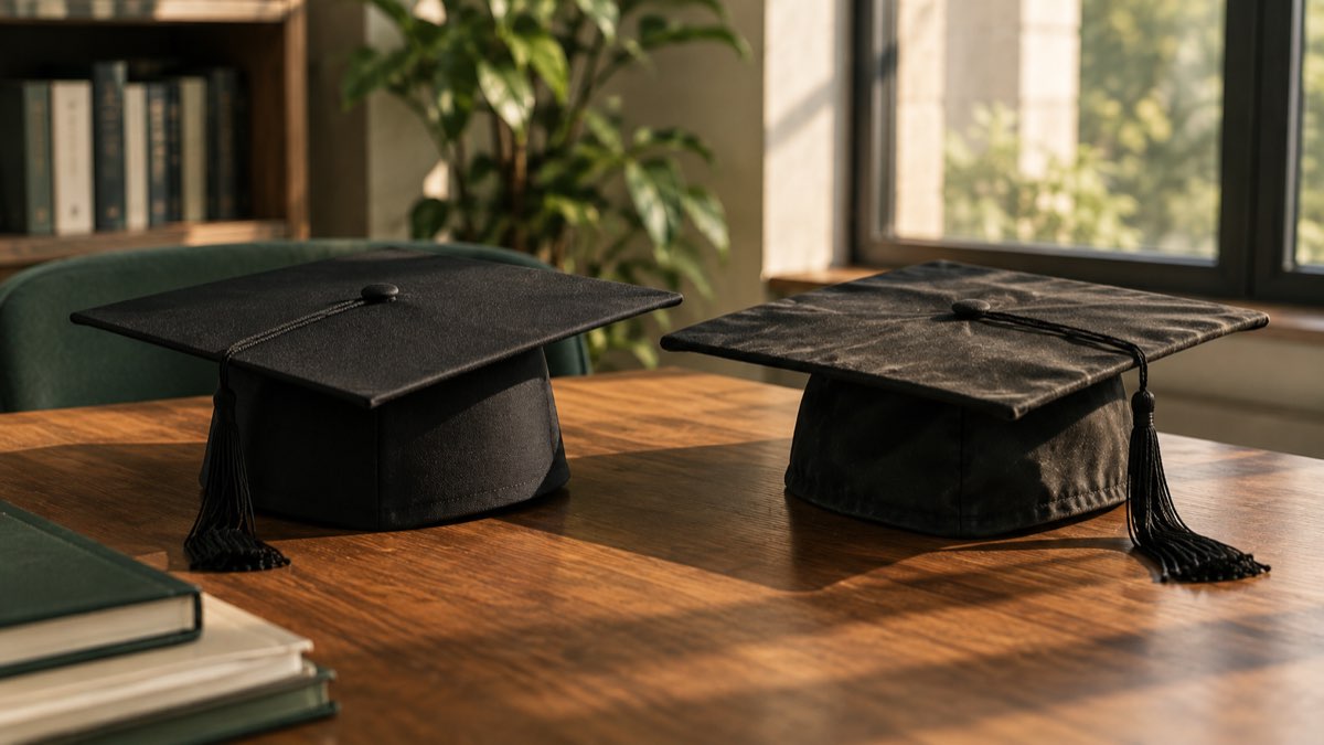 Two graduation caps of different styles side by side, representing two different postgraduate business degrees