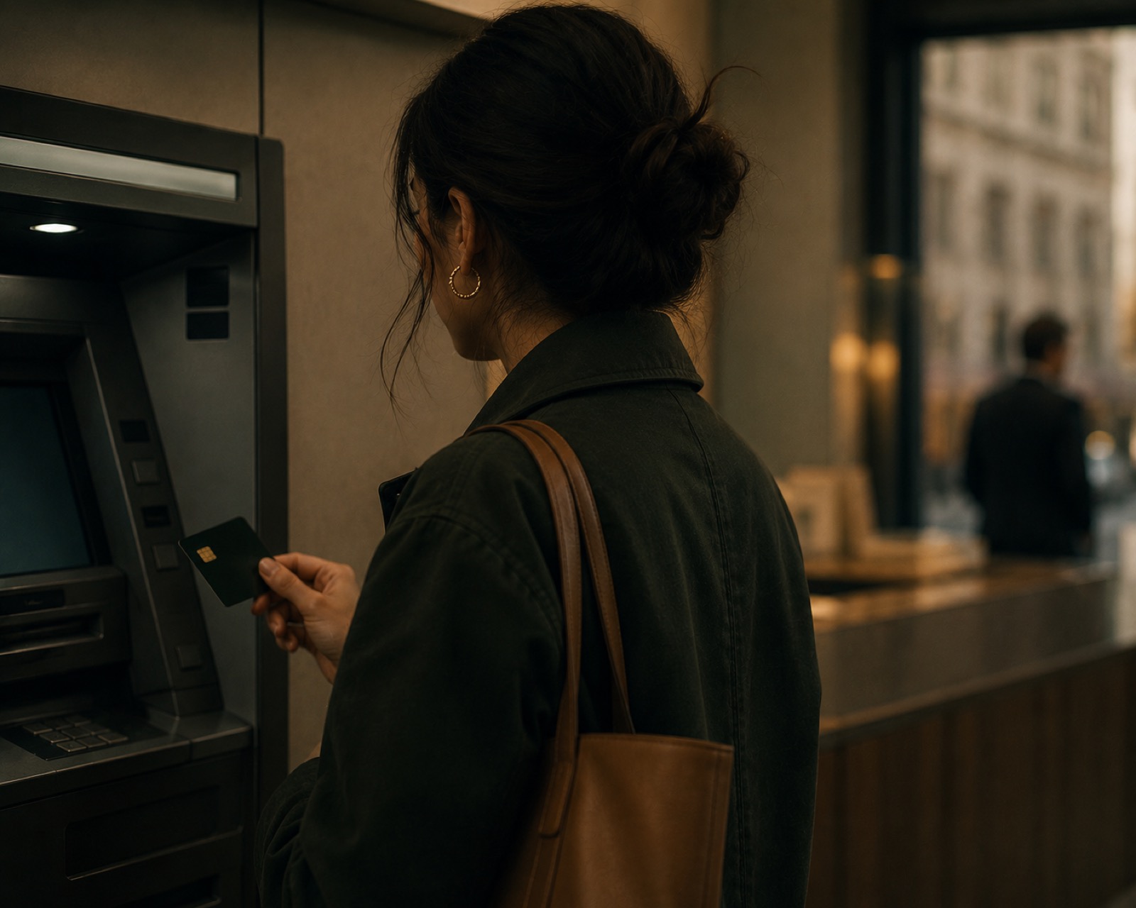 A student setting up a bank account abroad, representing the practical money logistics of studying internationally