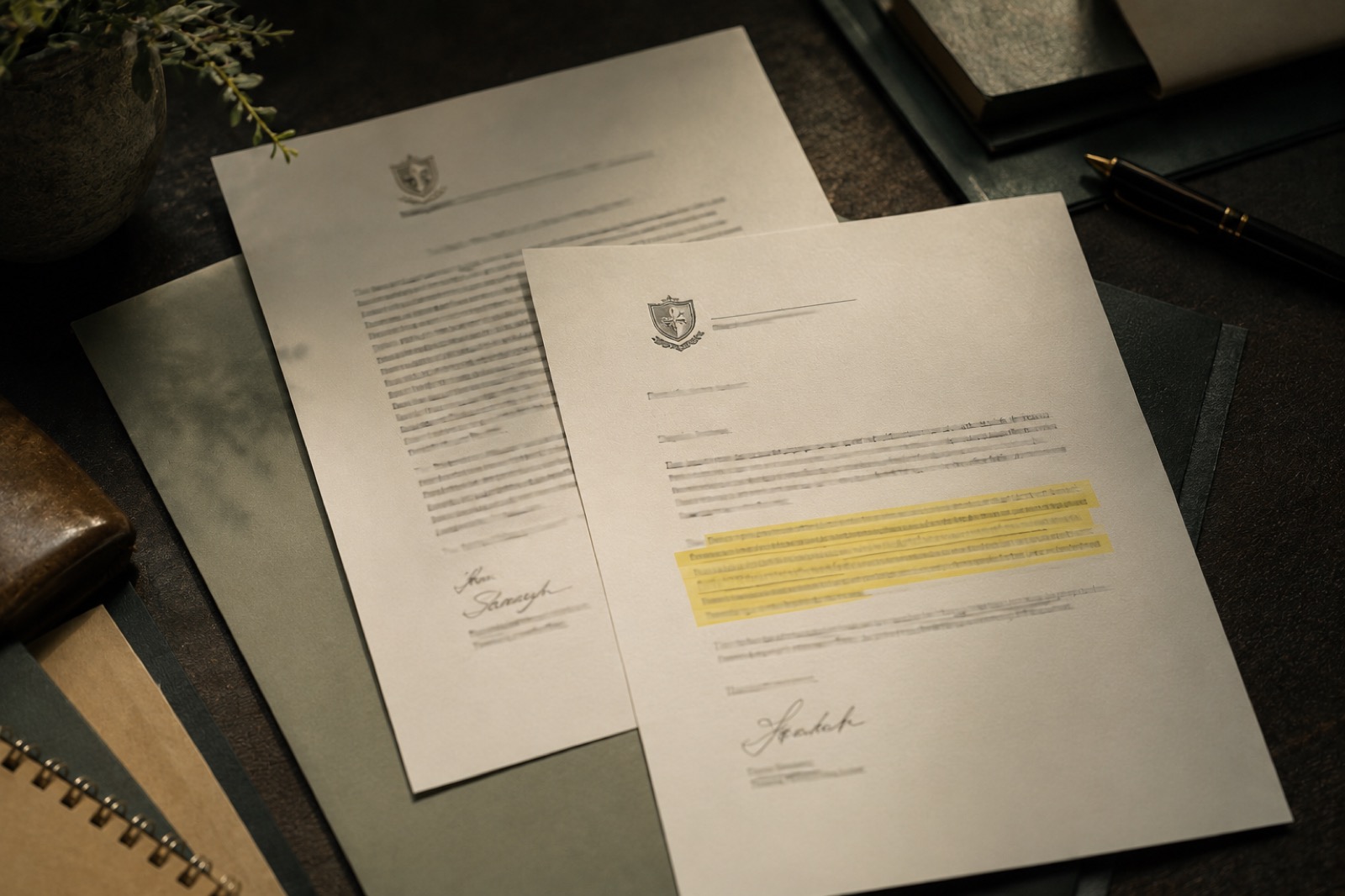 Two university acceptance letters side by side on a desk with a highlighter