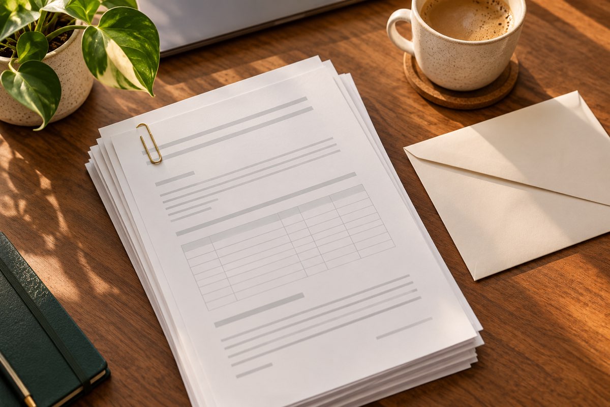 A stack of unmarked printed transcripts with a paperclip and a cup of coffee on a desk beside a small plant