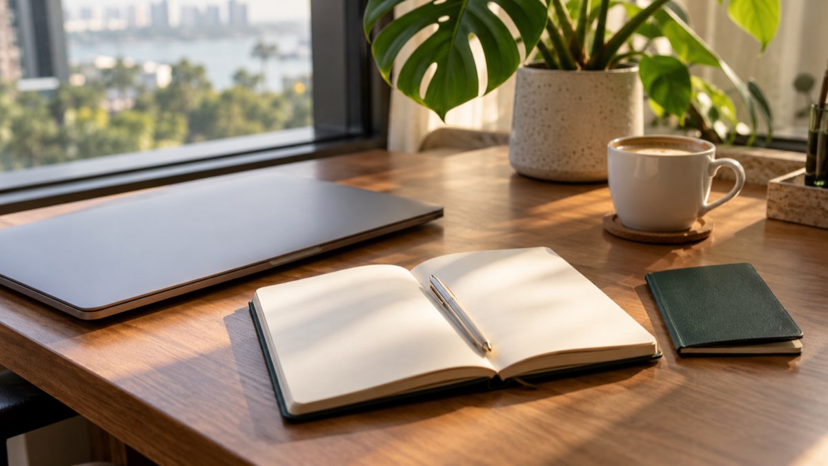 A closed laptop, a notebook with a pen and a passport on a wooden desk beside a window, in muted green and cream tones
