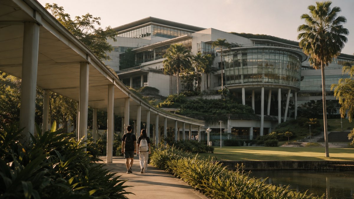 A modern university campus building in Singapore surrounded by tropical greenery, representing the choice between NUS and NTU