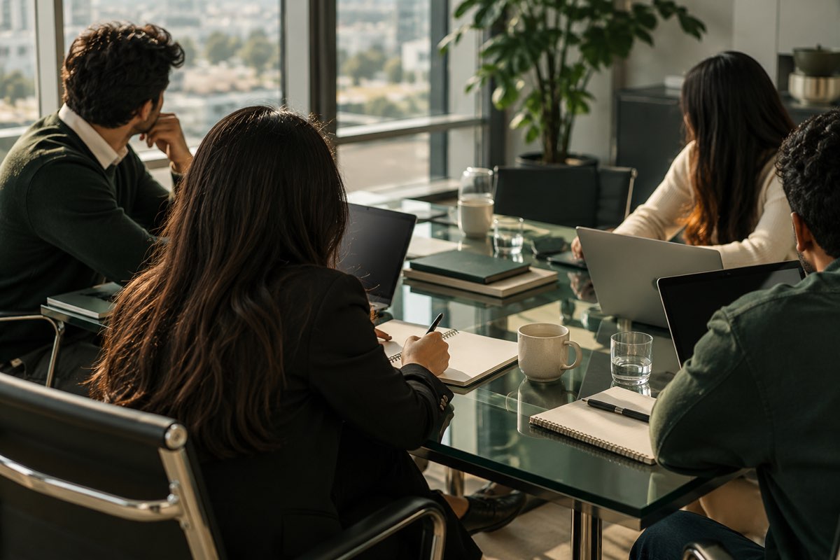 A small group of business school students seated around a table during a case discussion, seen from behind