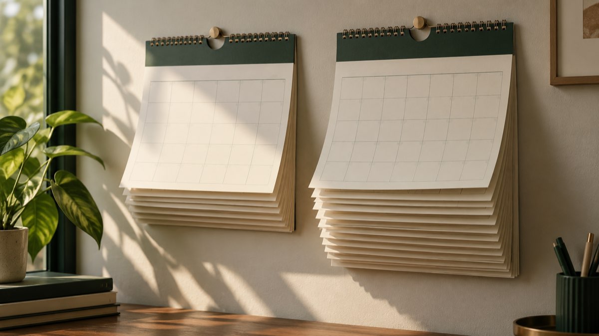 Two wall calendars side by side, one much thinner than the other, representing a one-year versus two-year MBA timeline