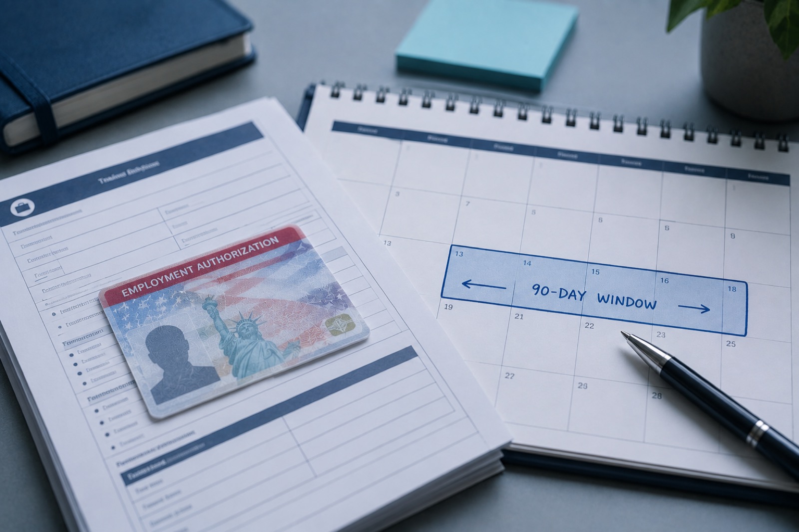 An I-983 training plan form and EAD card on a desk with a calendar marking a 90-day filing window