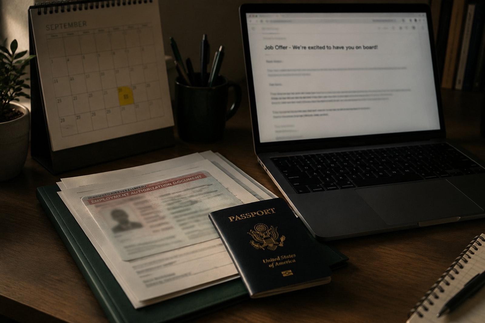 Work authorization document and passport on a desk, representing the OPT and STEM OPT application process for US master's graduates