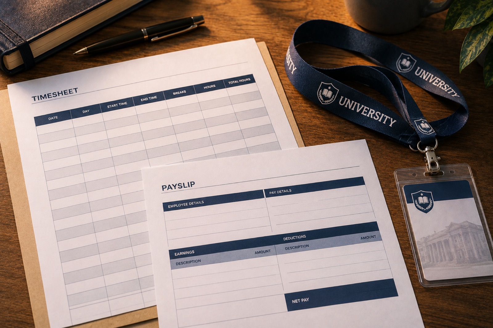 A timesheet and payslip on a desk beside a university ID card
