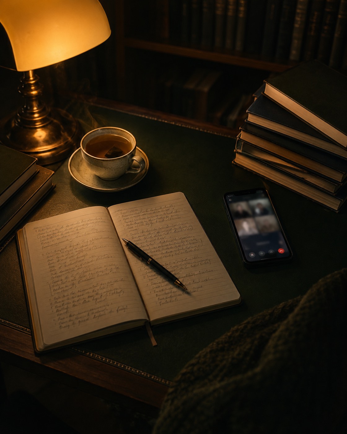 A quiet late-night study desk with a video call open, representing the isolation international students can feel while adjusting abroad
