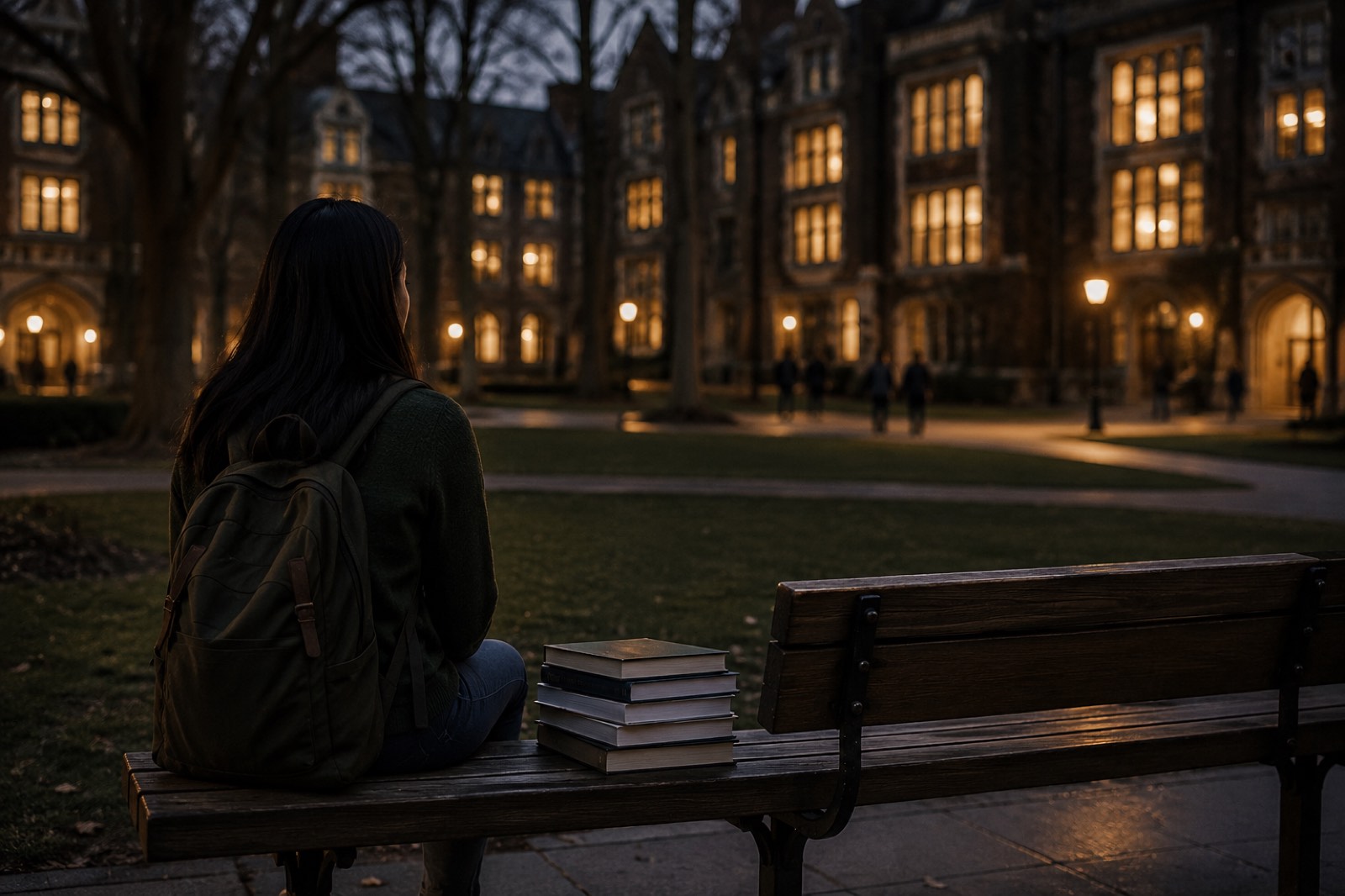 International student sitting alone on a university quad at dusk, representing the emotional adjustment of studying abroad