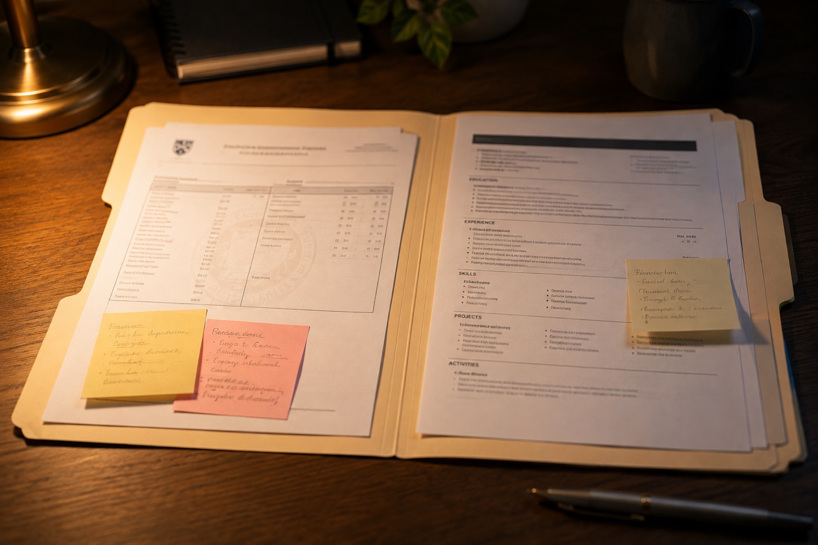 A printed transcript, CV, and handwritten notes organized into a folder for a recommender