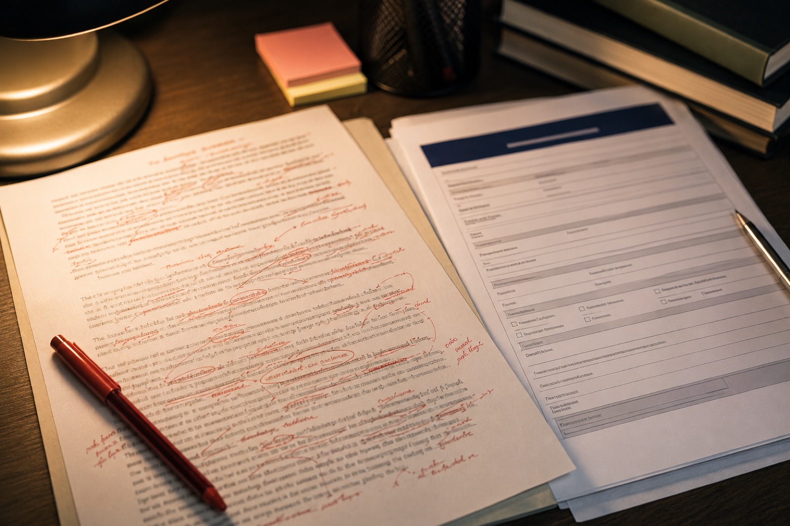 A scholarship essay draft with handwritten edits beside a Chevening application form