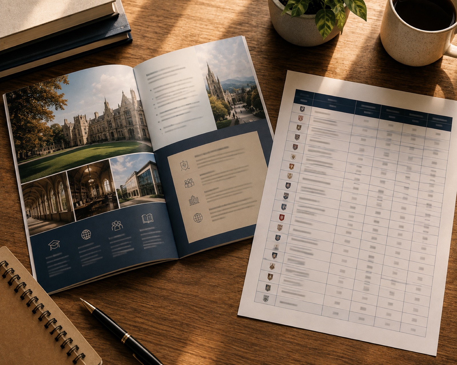 A NUS campus brochure and world ranking table on a desk