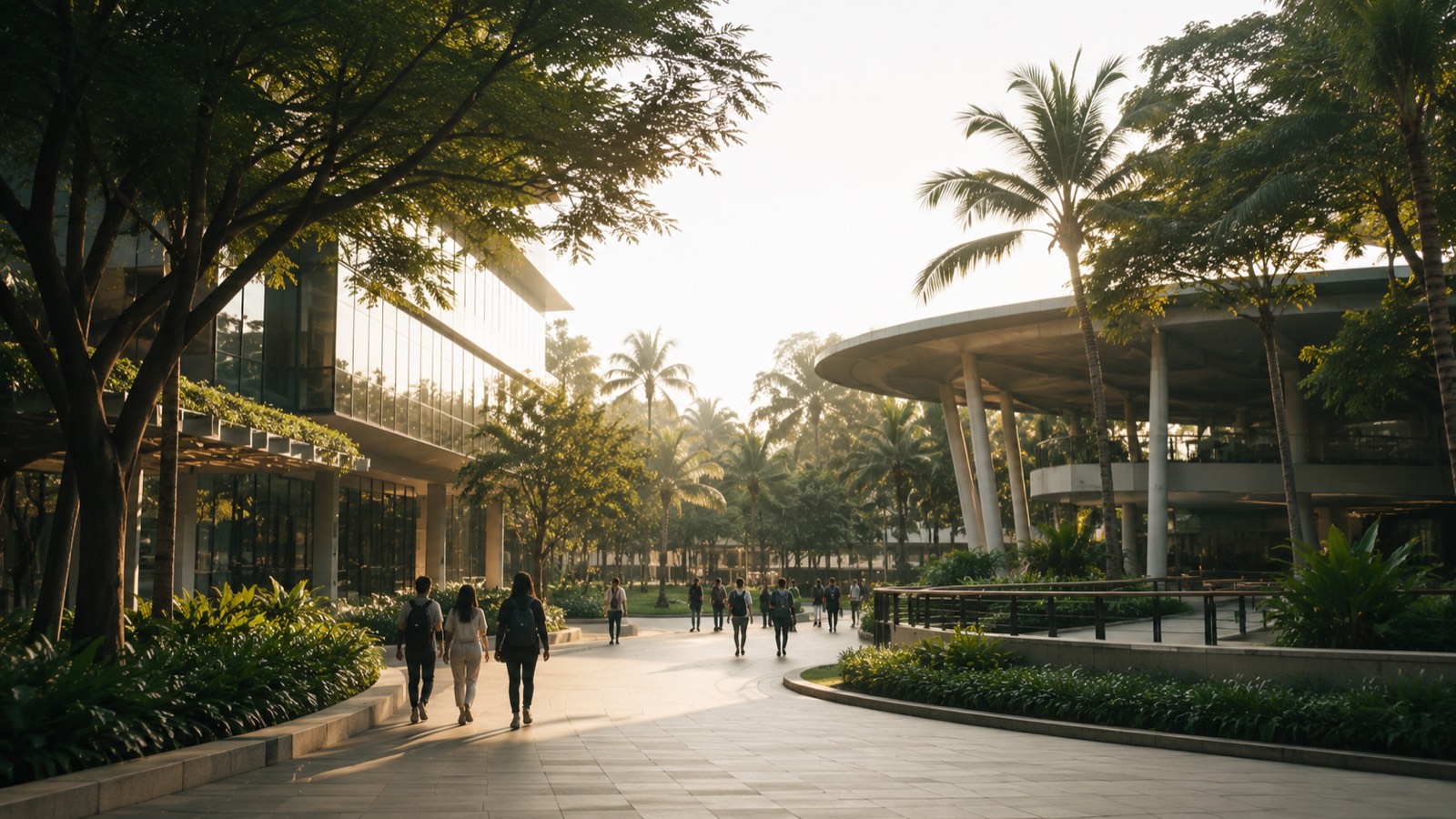 A Singapore university campus building surrounded by tropical greenery, representing NUS and NTU as top-ranked postgraduate study destinations