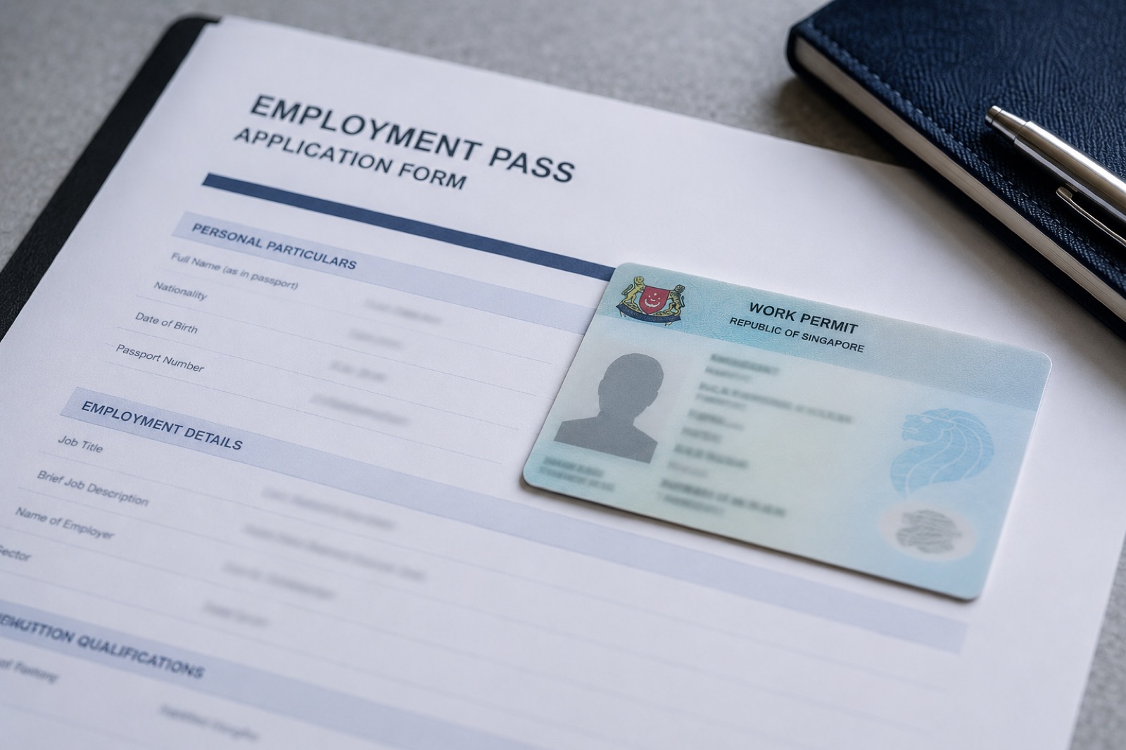 An Employment Pass application form beside a Singapore work permit card