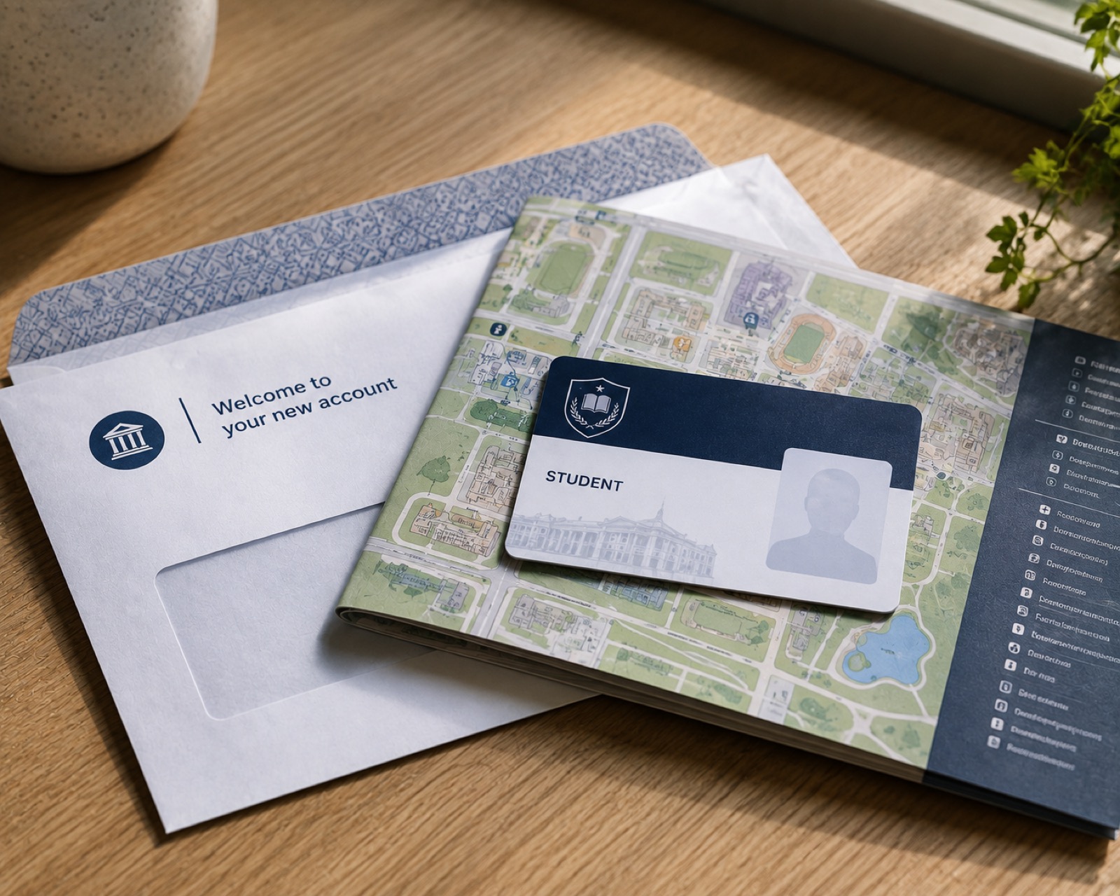 A new student ID card and campus map on a desk beside an unopened bank welcome pack